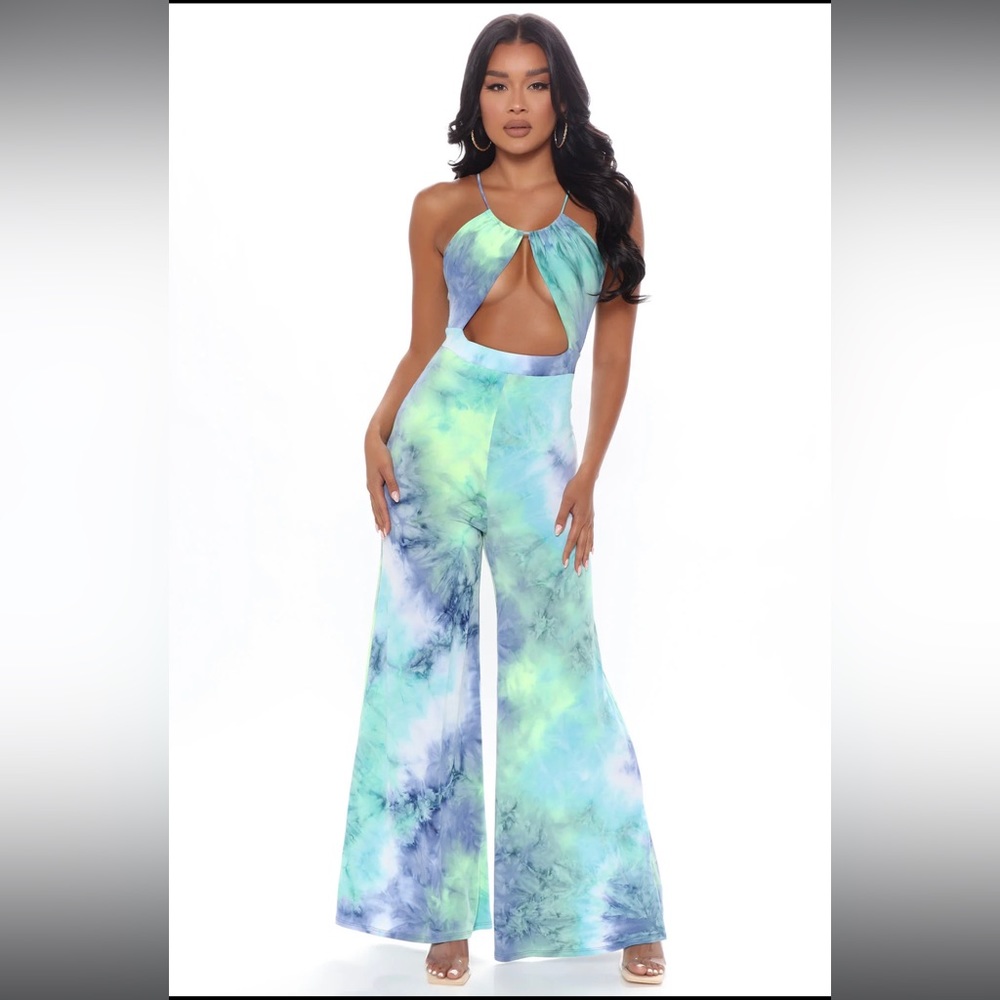 Puerto Vallarta Tie Dye Jumpsuit - Aqua/Combo, Size L